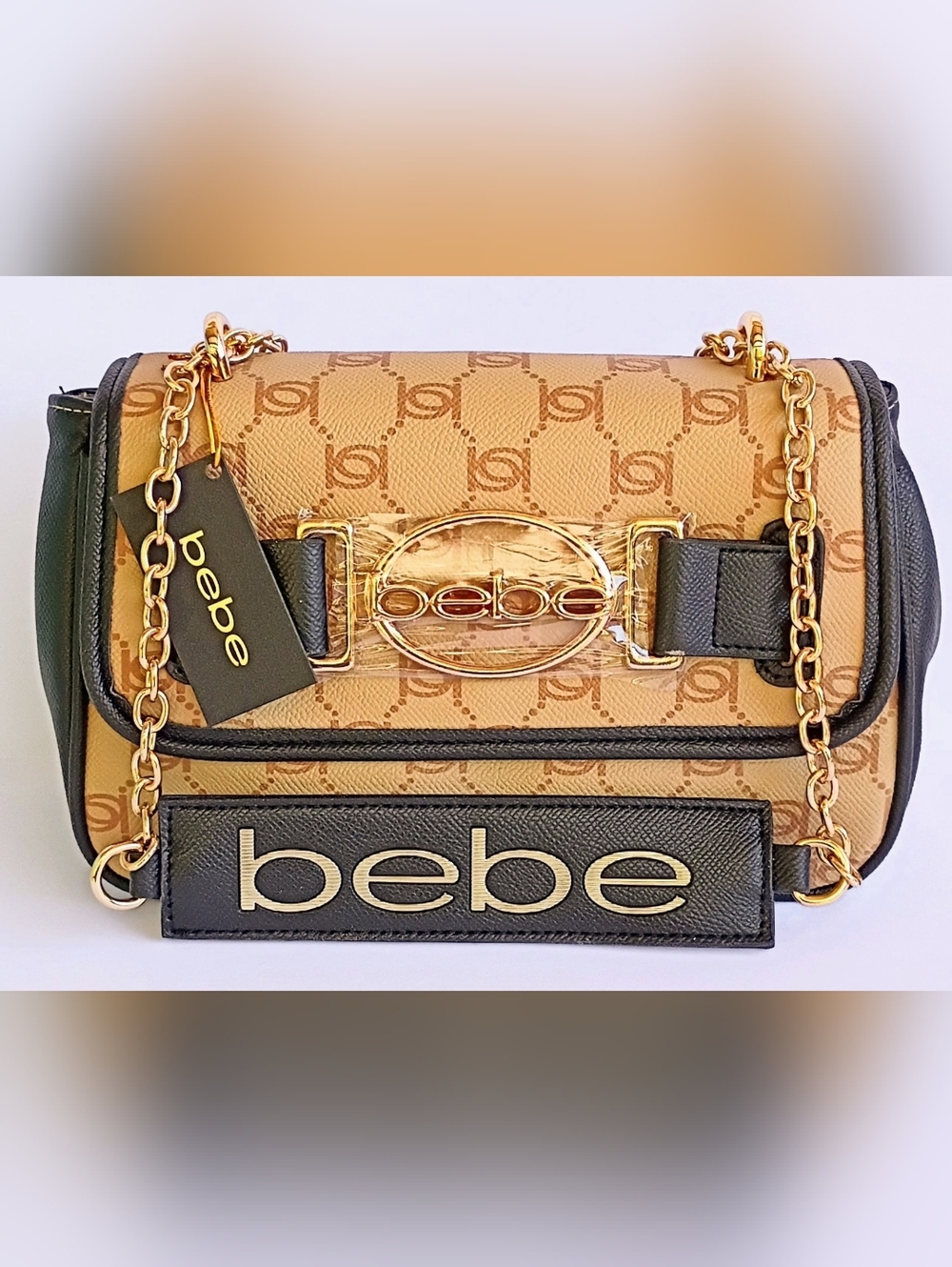 Bebe Leilani Monogram Shoulder Bag Gold Chain NWT Beige Black Crossbody - Picture 1 of 8